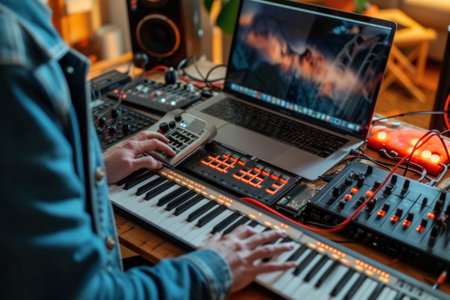A musician is playing a keyboard in a recording studio, creating music on an electronic musical instrument connected to a computer for entertainment purposesの素材