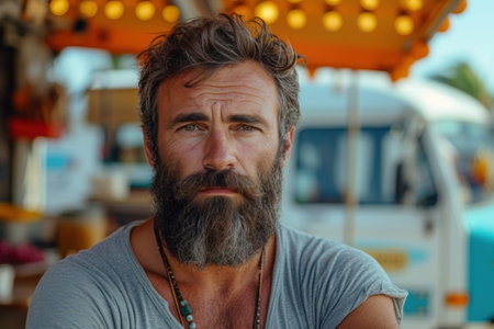 Sad portrait of a man with a beardの素材