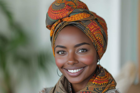 Happy african american woman in turban smilingの素材