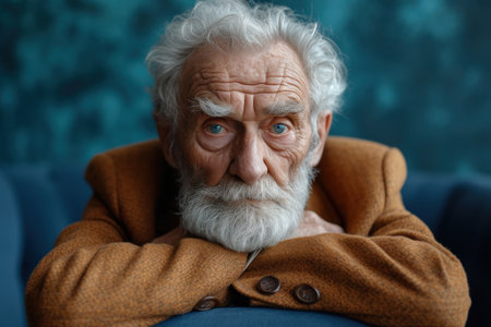 Sad elderly man expressing grave condition on monochrome backgroundの素材
