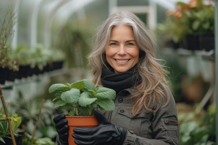 Portrait of a woman with a smile holding green plants in a potの素材
