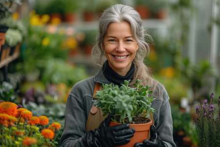 Elderly lady with smile holding a pot of green plants in her handsの素材
