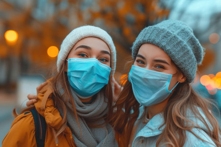 Autumn selfie: two young women wearing protective masks smiling and taking a photo outdoors during a pandemicの素材