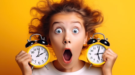 Emotional girl with anxious expression holding alarm clock for fear of oversleepingの素材