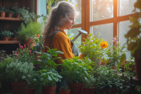 Enthusiastic woman taking care of flowers, gently watering them from a colorful watering can in a cozy gardenの素材