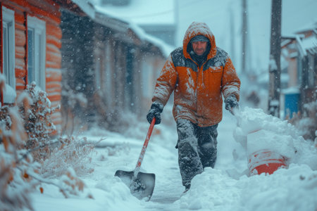 Winter labor: a man neatly removes fluffy snow with a shovel at the entrance to the house, creating order and passage for everyoneの素材