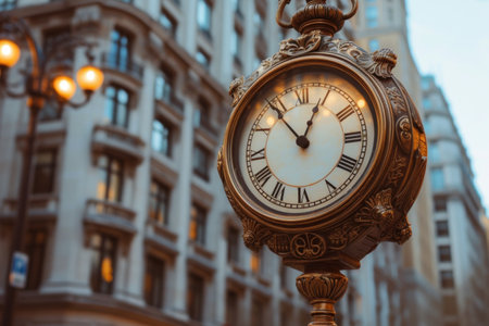 A street clock adorns the cityscape, measuring the time of history.の素材