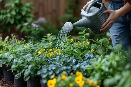 Enthusiastic woman taking care of flowers, gently watering them from a colorful watering can in a cozy gardenの素材