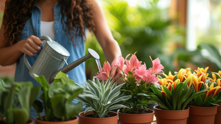 A serious and attentive woman takes care of flowers, carefully irrigating them from a bright watering can in the gardenの素材