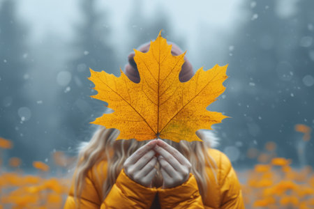 A moment of joy: a girl cheerfully covers her face with a golden leaf, creating a playful and inspiring shot of an autumn dayの素材