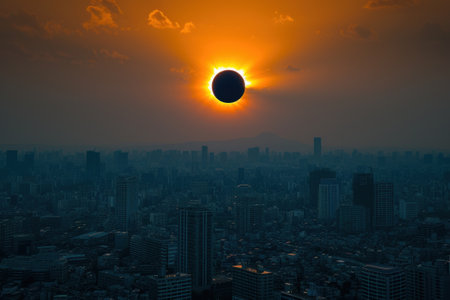An intoxicating moment when the rays of the sun block out the light of the city lights, creating a magical concert of color and shadowの素材
