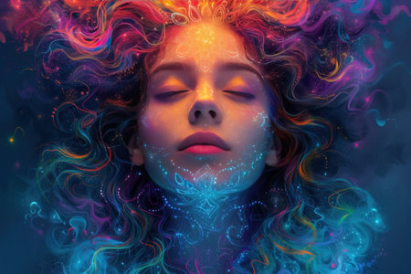 A unique image with bright mandalas around a woman's head, symbolizing inner peace and spiritual developmentの素材