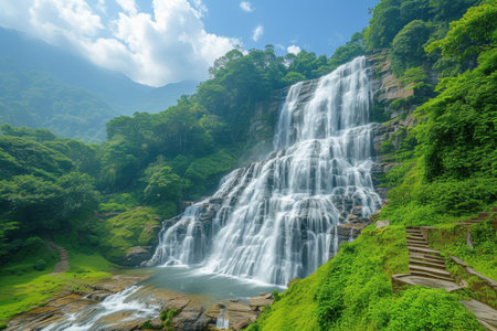 A fantastic landscape with a cascading waterfall, surrounded by bright greenery, is filled with a mysterious atmosphere of tranquilityの素材