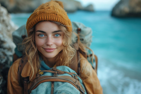 Soul of the mountains: a girl with deep emotions and a sincere look against the backdrop of majestic mountains, the embodiment of adventure and the beauty of natureの素材