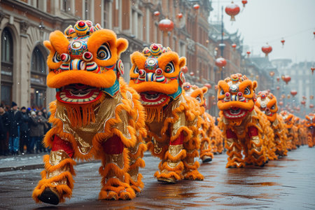 The mystical atmosphere of a street festival: the parade of lions and dragons fascinates with its extravagance and amazing energyの素材