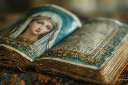 Lead your prayers with a photo of a book with a picture of Our Lady bringing comfort and hope on an open pageの素材