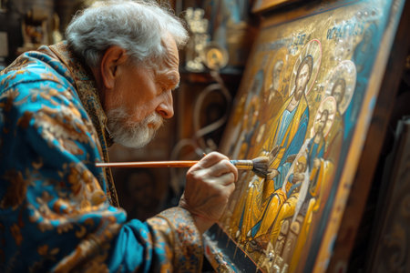 A moment of creativity a priest-artist, immersed in the creation of a new icon, embodies faith and spiritual ideals for the church monasteryの素材