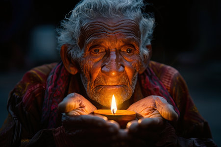 A touching image of an old man praying for his relatives and friends, holding a burning candle radiating warmth of soul and hope.の素材
