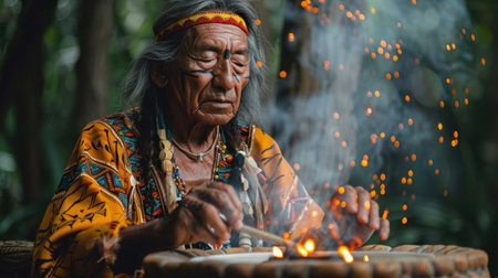 A member of a Native American tribe is performing a ritual in front of a fire, wearing a traditional headdress and jewellery, bringing entertainment and fun to the eventの素材