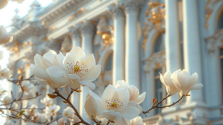 A flowering plant with white petals on a twig stands in front of a house, creating a beautiful floral design that enhances the buildings facadeの素材