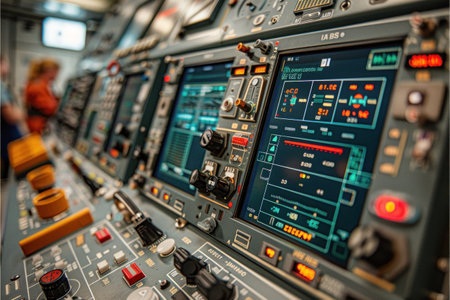 A control panel with a variety of buttons, knobs, and digital displays. The panel is used to control a complex machine or system.の素材