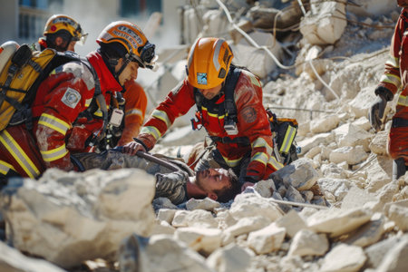 A team of firefighters is assisting a man trapped in the debris of a collapsed building wearing personal protective equipment and helmetsの素材