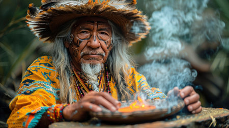 During the ritual of communication with the ancestors, the shaman seeks to receive their protection and ancient knowledge of wisdomの素材
