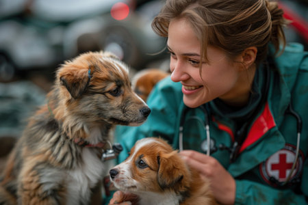 A medical worker carefully examines and treats small puppies that have been rescuedの素材