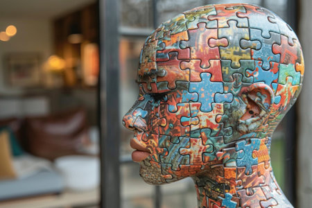 Complex Thoughts: A Man with Puzzle Pieces in His Head Reflecting the Processes of Psychotherapy and Cognitive Workの素材