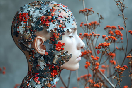 Thought Puzzles: A Man with Pieces of a Mogsaw Puzzle in His Head, Symbolizing the Processes of Psychotherapy and Cognitive Scienceの素材