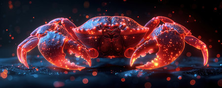 Detailed 3D rendering of a red crab with glowing effect on black background. Realistic anatomy focus with claws raised, facing camera.の素材