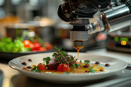 A state-of-the-art robot applies the sauce to the dish with precision and professionalism, demonstrating the highest culinary art.の素材