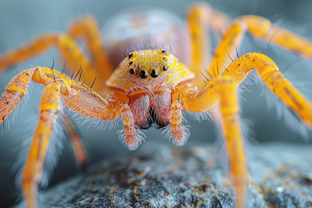 A yellow jumping spider is sitting on a rock. The spider has black eyes and is looking at the camera. The rock is gray and has a rough texture.の素材