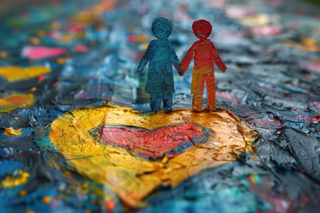 Colorful and artistic image featuring blue and red paper people standing together, holding hands on a canvas with a striking red heart.の素材