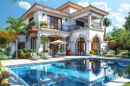 This stunning luxury house has a beautiful pool, terrace, and outdoor seating area. The perfect place to relax and enjoy the sun.の素材