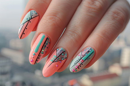 A hand with peachy pink nails featuring geometric shapes and glitter, showcasing a modern and fashionable style with elegance.の素材