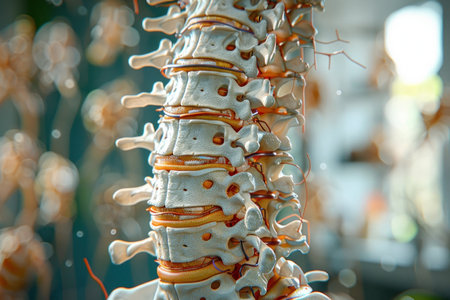 Detailed illustration of the human spine, showing nerve and blood vessel pathways, essential for understanding spinal health and function.の素材