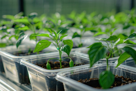 Rows of small green pepper plants in a greenhouse. Plants in plastic pots with green leaves. Isolated on white background.の素材