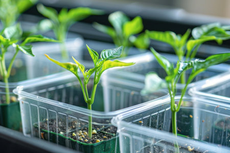 A close-up image of small green seedlings in transparent plastic pots on a white table. The seedlings are mostly pepper plants.の素材