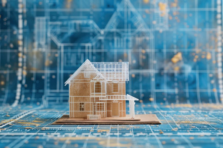 A small isometric house model sits on a blueprint with a yellow background, symbolizing the planning and construction process of a new home.の素材
