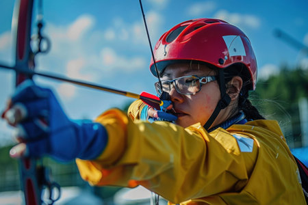 A young girl in a red helmet practices archery outdoors on a sunny day. She wears a yellow jacket and blue gloves, aiming at a target.の素材