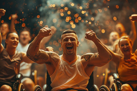 Ecstatic male wheelchair basketball player raising arms in triumph surrounded by teammates and spectators in a packed arena during an intense match.の素材