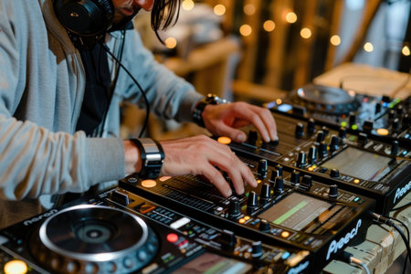 A talented DJ plays music at a vibrant wedding celebration on a white background, suitable for diverse marketing uses.の素材