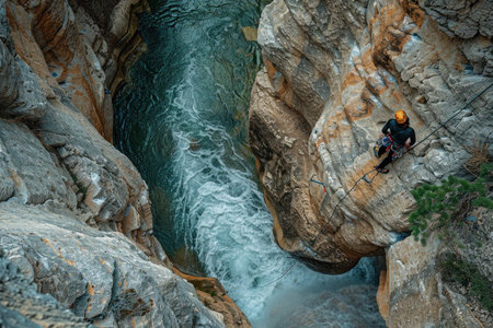 A rock climber rappels down a steep canyon wall while a river rushes below. The climber is wearing a helmet and safety gear.の素材