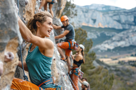 A diverse group of friends in climbing gear scaling a rocky mountain with joyful expressions, conquering the challenging terrain together.の素材