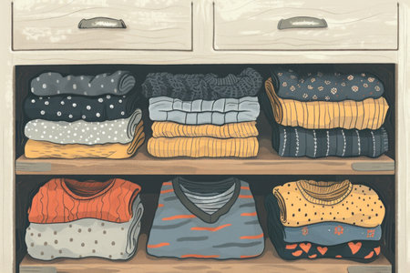 A variety of colorful clothes, including sweaters, shirts, and pants, are neatly folded and arranged on wooden shelves in a white cabinet.の素材