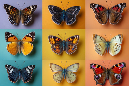 Nine colorful butterflies in various poses on vibrant backgrounds, creating a visually appealing and captivating image.の素材
