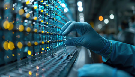 Test tubes with blue liquid held by gloved hand in pharmaceutical lab. Background shows blurred machine. Research and development concept.の素材