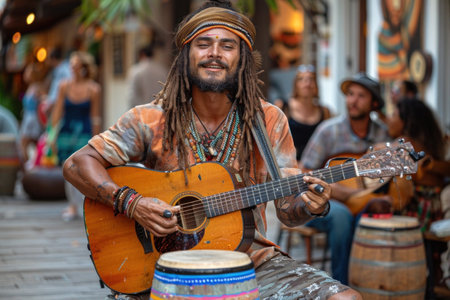 A guitarist in a sun hat is performing folk music with his guitar in front of a crowd, showcasing his talent as a musician and artistの素材