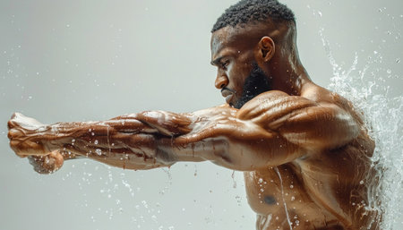 A barechested man is standing in the water with his fist raised in the air, displaying a powerful gesture. His exposed chest, elbow, and thigh add to the artistic compositionの素材